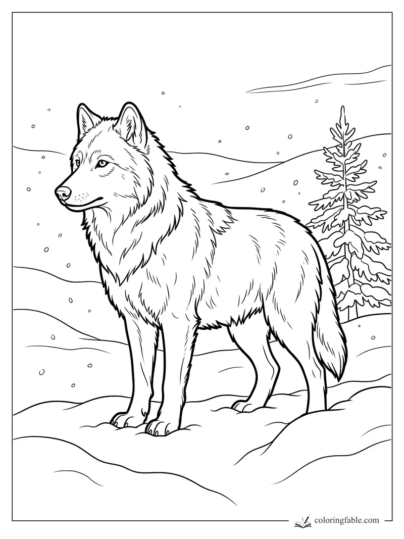 Realistic wolf standing in falling snow with rolling hills and a snow-covered spruce tree