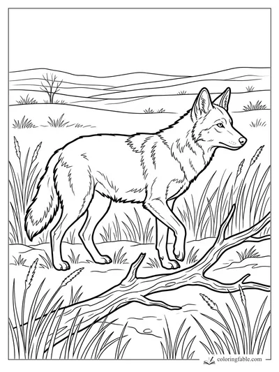 Realistic wolf walking through tall grass over a fallen branch with rolling hills behind