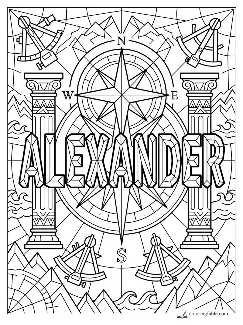 Geometric Alexander name coloring page with compass rose, sextants, columns, mountains, and waves