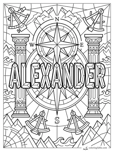 Geometric Alexander name coloring page with compass rose, sextants, columns, mountains, and waves