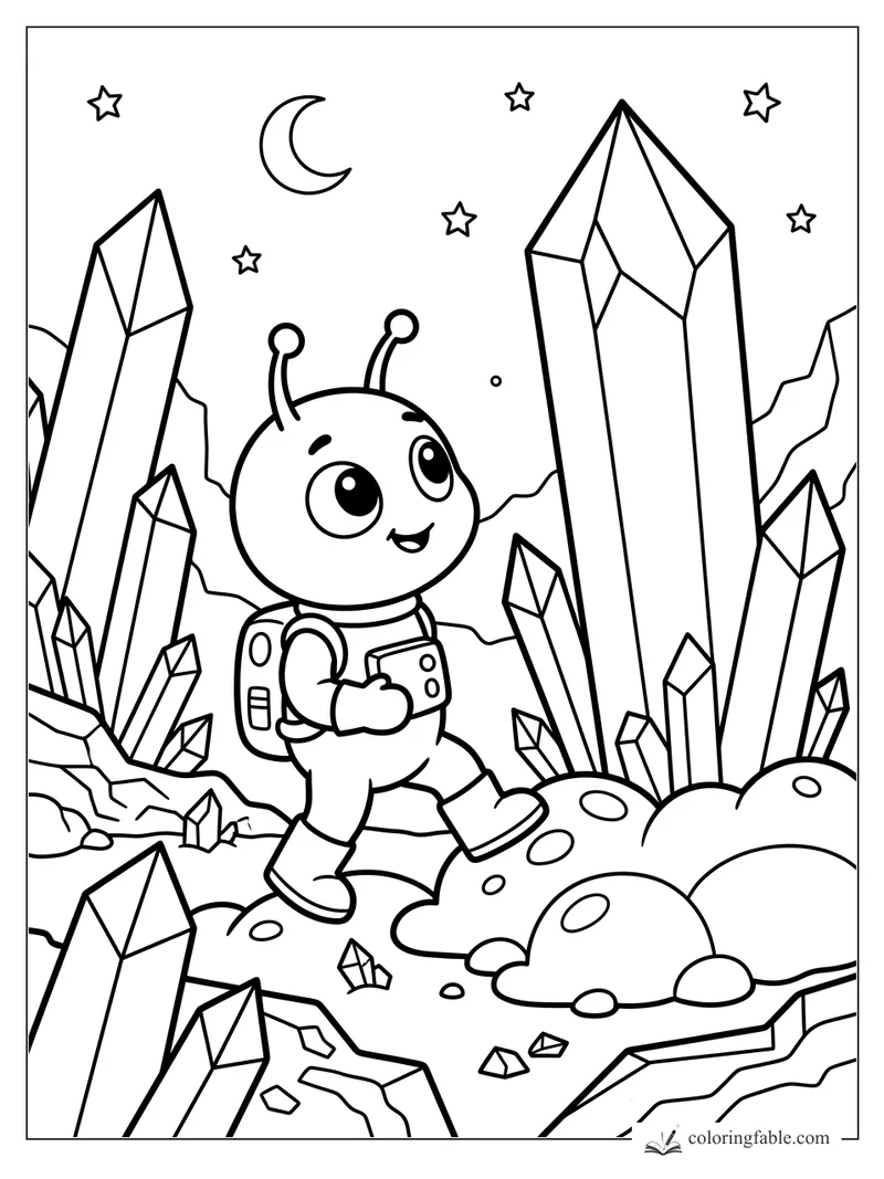 Cartoon alien explorer walking between tall moon crystals under stars and a crescent moon.
