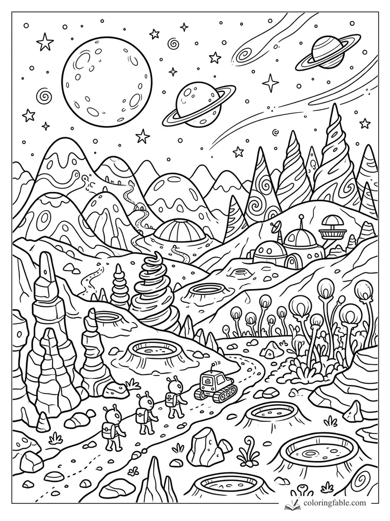 Cartoon alien planet landscape with three hikers, rover, domes, craters, stars, and ringed planets