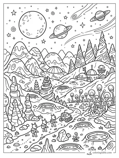 Cartoon alien planet landscape with three hikers, rover, domes, craters, stars, and ringed planets