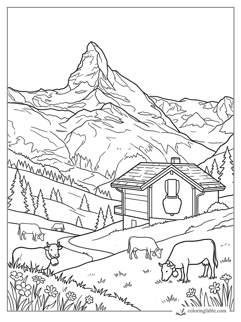 Swiss alpine chalet with grazing cows, cowbells, wildflowers, pine slopes, and the Matterhorn peak