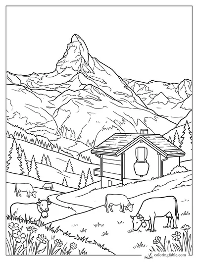 Swiss alpine chalet with grazing cows, cowbells, wildflowers, pine slopes, and the Matterhorn peak