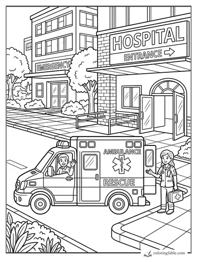 Ambulance at a hospital entrance with driver, doctor, emergency sign, trees, and open doors.