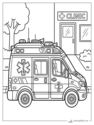 Ambulance with sirens and medical crosses parked in front of a clinic building.