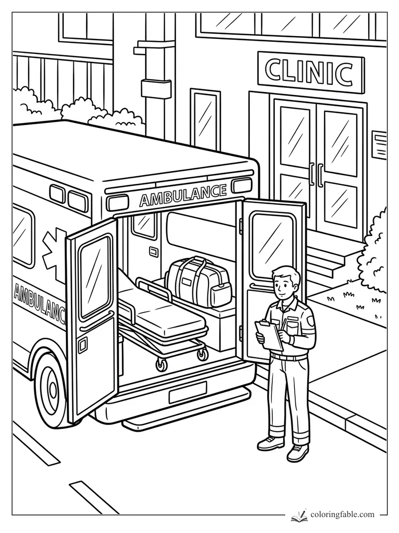 Ambulance with open rear doors, stretcher, medical bag, and paramedic outside a clinic entrance