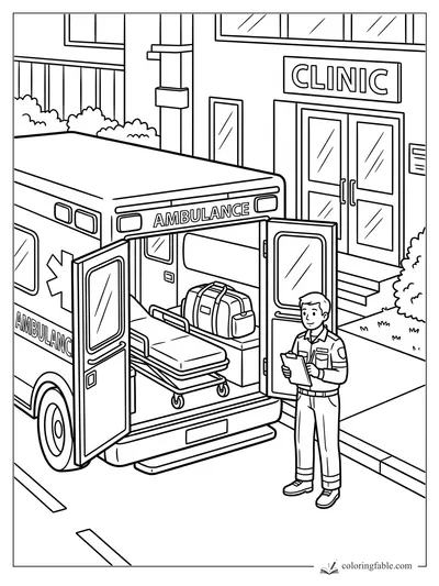 Ambulance with open rear doors, stretcher, medical bag, and paramedic outside a clinic entrance