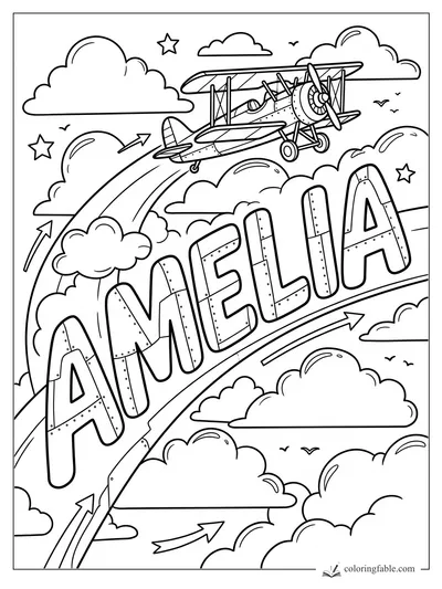 Amelia name coloring page with a vintage biplane, clouds, stars, arrows, and birds in the sky