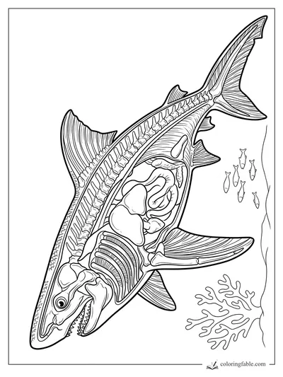 Realistic shark anatomy coloring page with skeleton, organs, fins, teeth, reef fish, and coral.