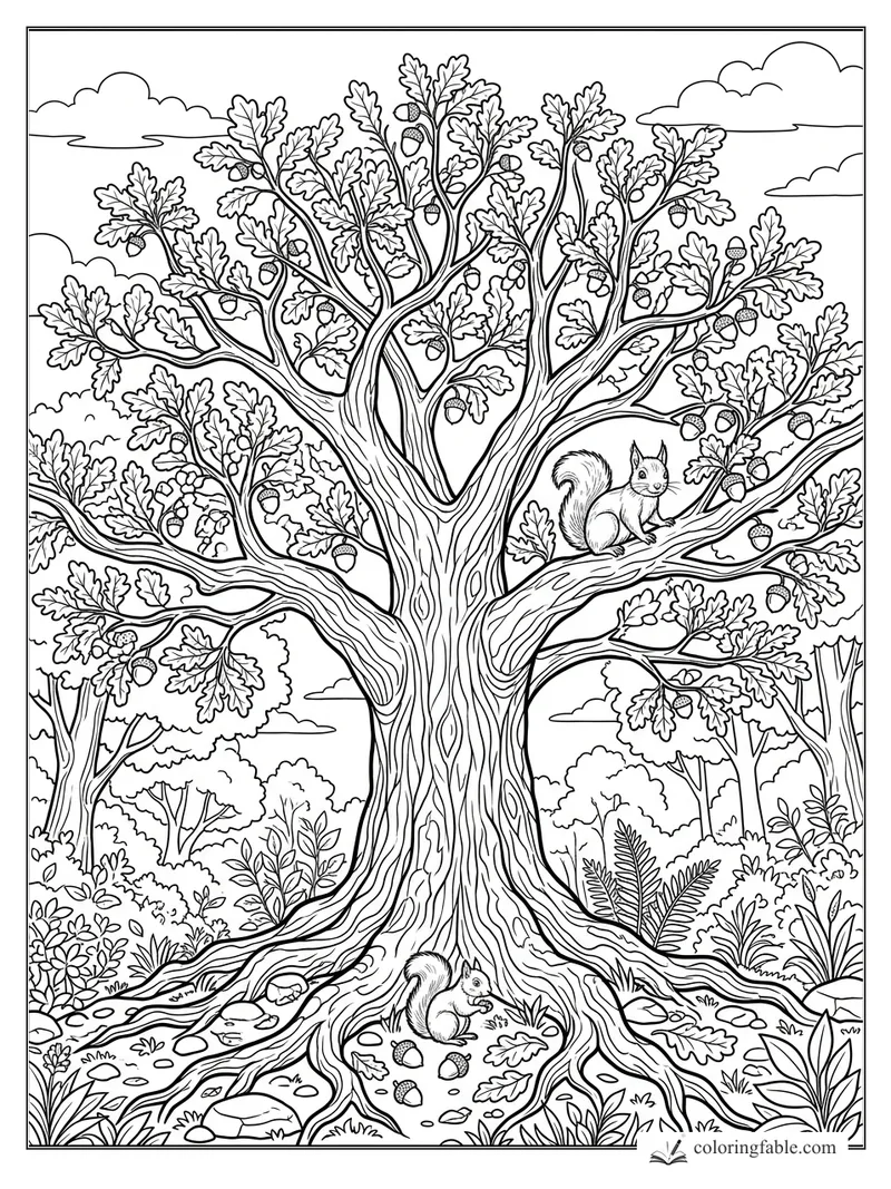 Realistic oak tree coloring page with two squirrels, acorns, roots, leaves, and woodland plants.
