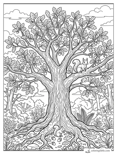 Realistic oak tree coloring page with two squirrels, acorns, roots, leaves, and woodland plants.