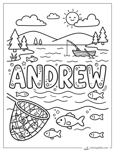 Andrew name coloring page with fishing boat, net of fish, lake waves, pine trees, hills, sun, and clouds