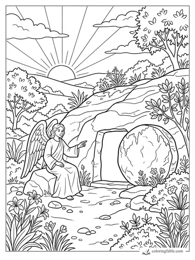 Angel seated beside the rolled stone at Jesus’ empty tomb, with sunrise, lilies, trees, and garden hills.