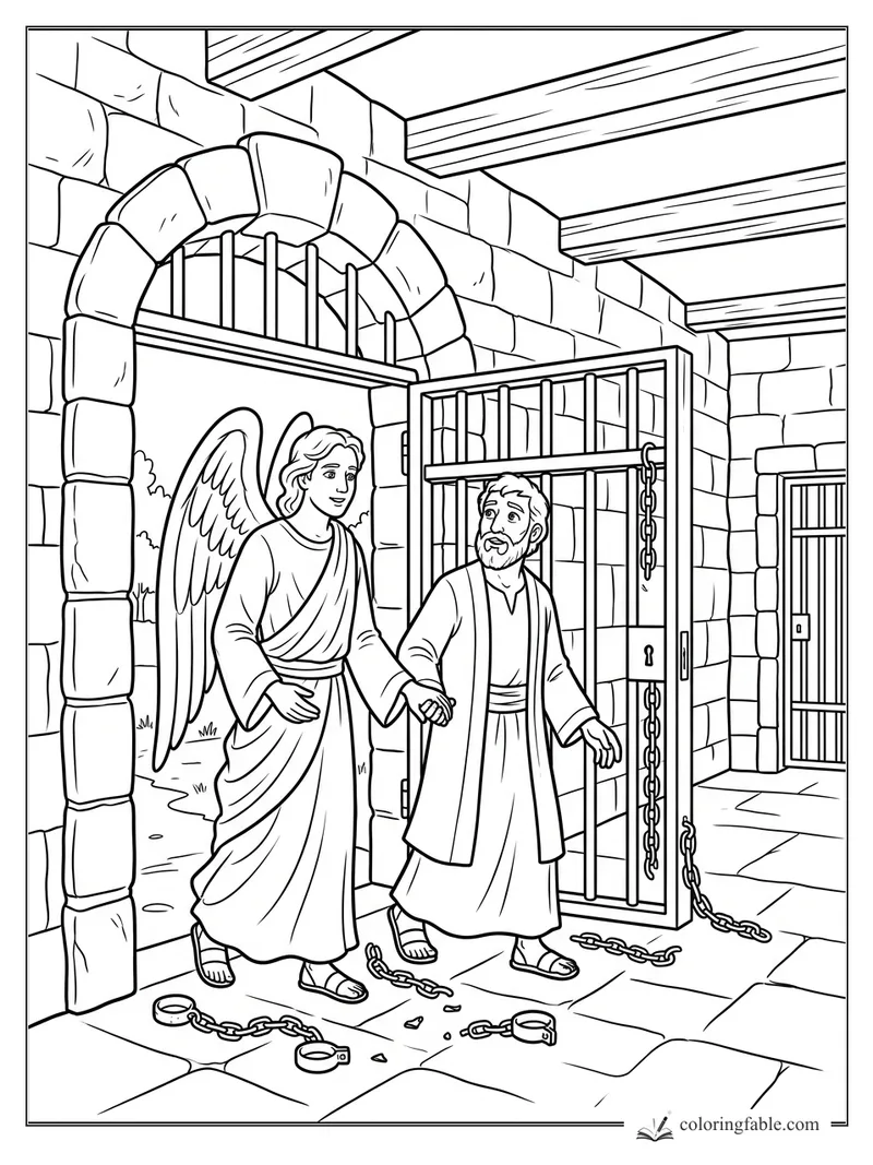 Angel holding Peter’s hand as he walks past an open prison gate, broken chains, stone walls, and ceiling beams.