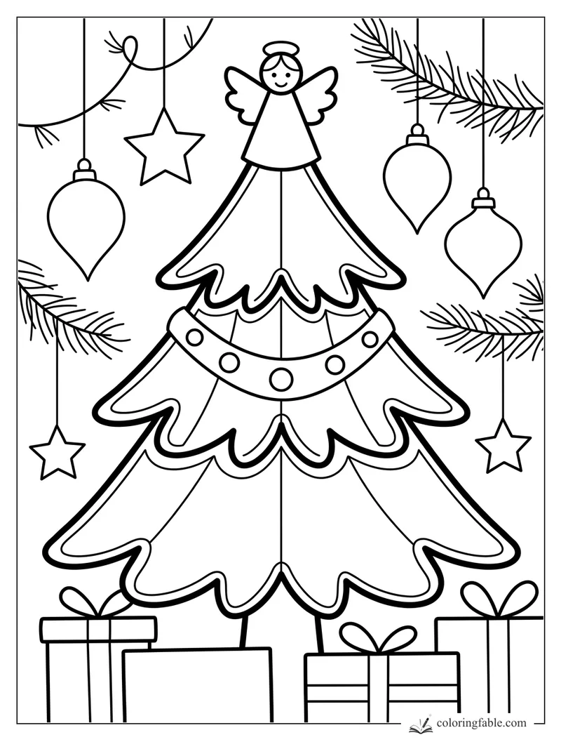 Easy Christmas tree coloring page with angel topper, garland, gifts, stars, and hanging ornaments