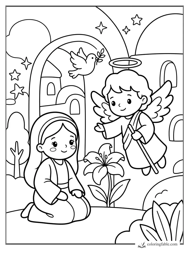 Kawaii angel visits kneeling Mary with a lily, dove, stars, and arched Nazareth houses.