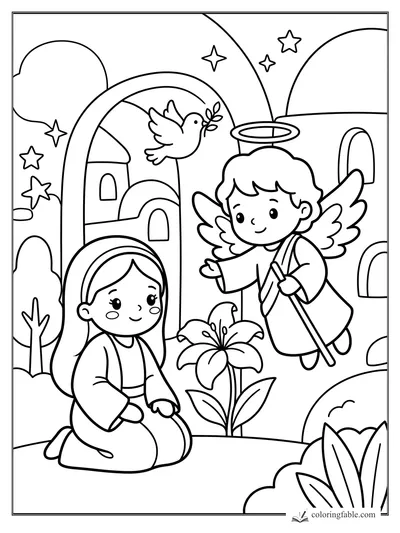 Kawaii angel visits kneeling Mary with a lily, dove, stars, and arched Nazareth houses.