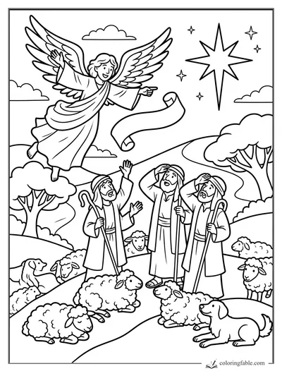 Angel with scroll visits amazed shepherds, sheep, dog, clouds, and bright star in a Bible coloring page