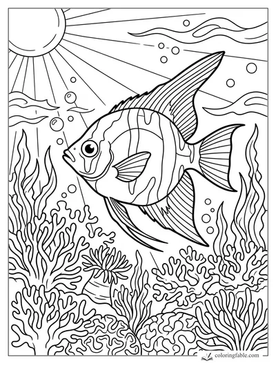 Angelfish with striped fins swimming among coral, seaweed, bubbles, and sunbeams underwater