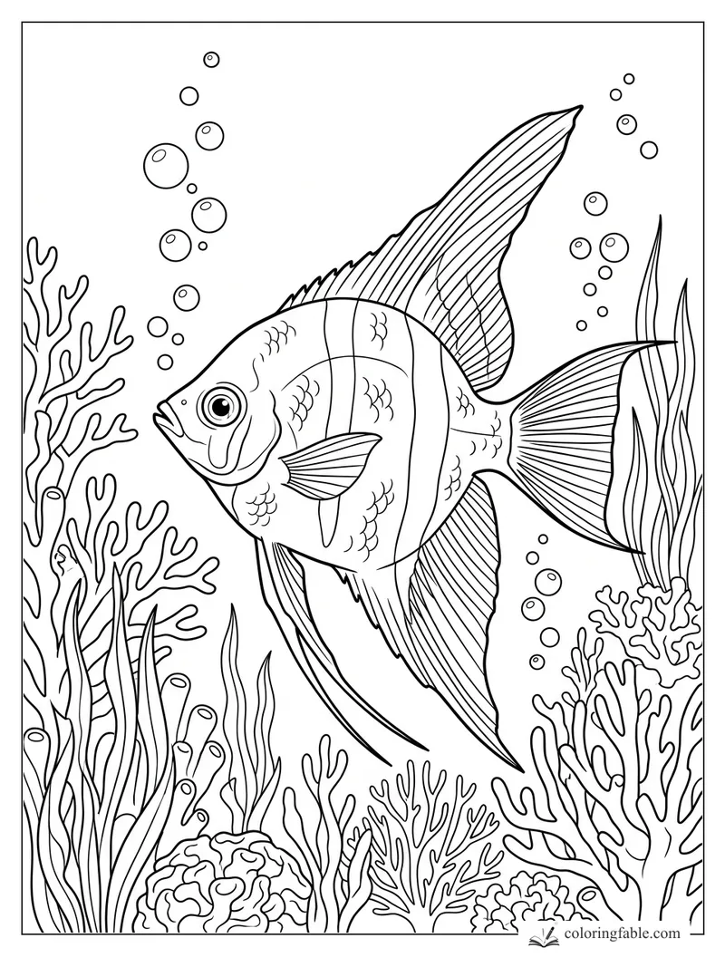 Realistic angelfish with long striped fins swimming past coral, sea grass, and bubbles