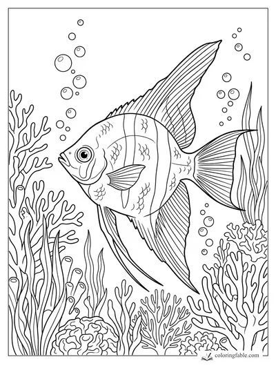 Realistic angelfish with long striped fins swimming past coral, sea grass, and bubbles