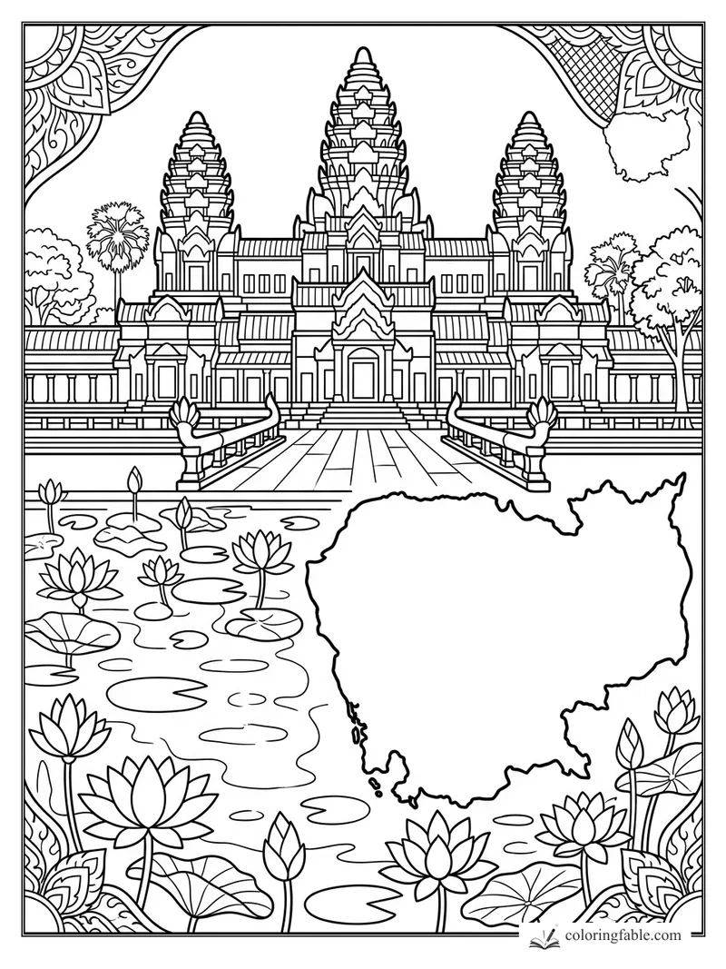 Intricate Angkor Wat coloring page with lotus pond, Cambodia map outline, palm trees, and ornate border