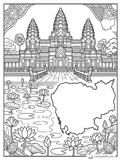 Intricate Angkor Wat coloring page with lotus pond, Cambodia map outline, palm trees, and ornate border