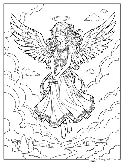 Anime angel with wide feathered wings, halo, flowing gown, and bow in her hair above clouds and hills