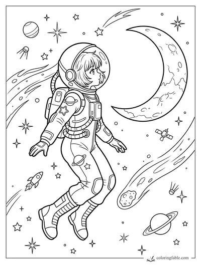 Anime astronaut floating beside a cratered crescent moon, comets, stars, planets, rocket, and satellite.