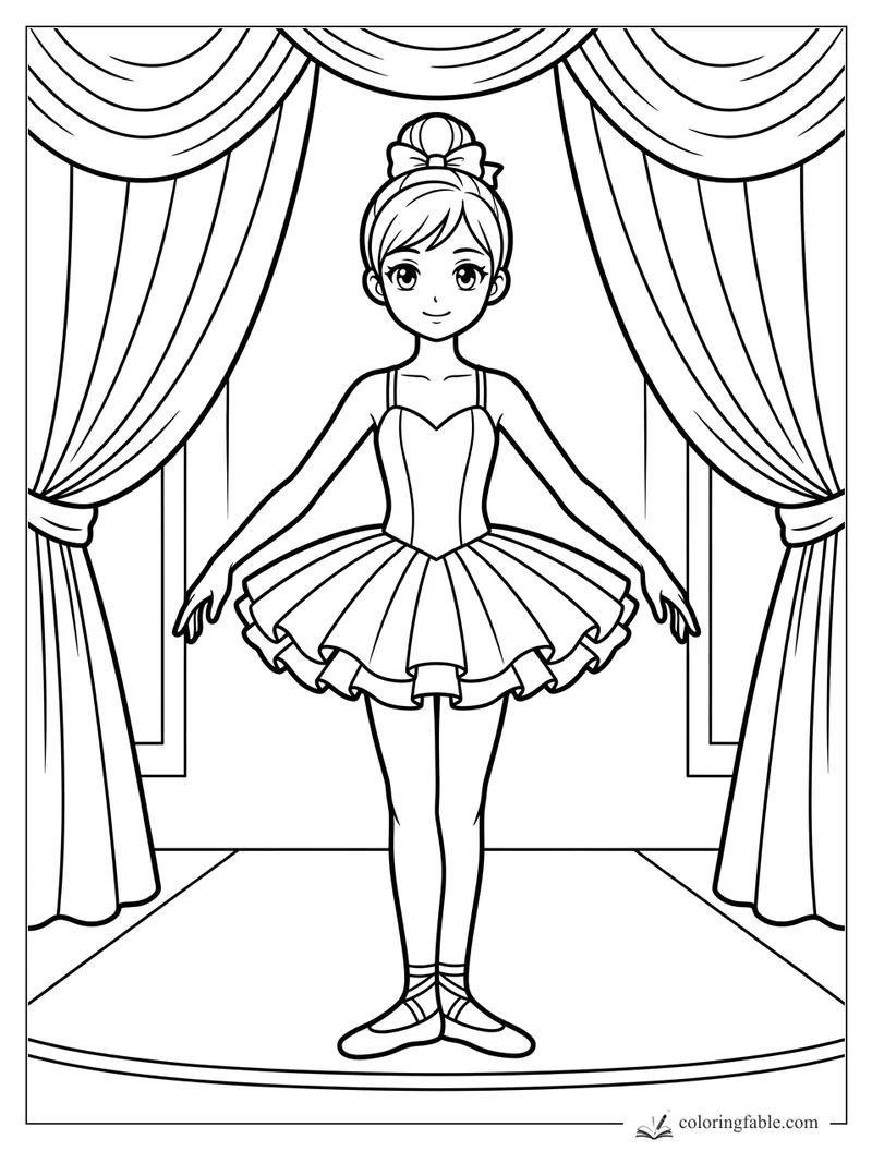 Anime ballerina in a tutu standing on stage between tall theater curtains