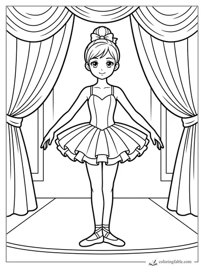 Anime ballerina in a tutu standing on stage between tall theater curtains