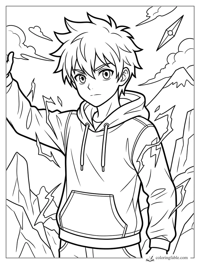 Anime boy in a hoodie raises one hand among jagged crystals, clouds, mountains, and a paper glider.