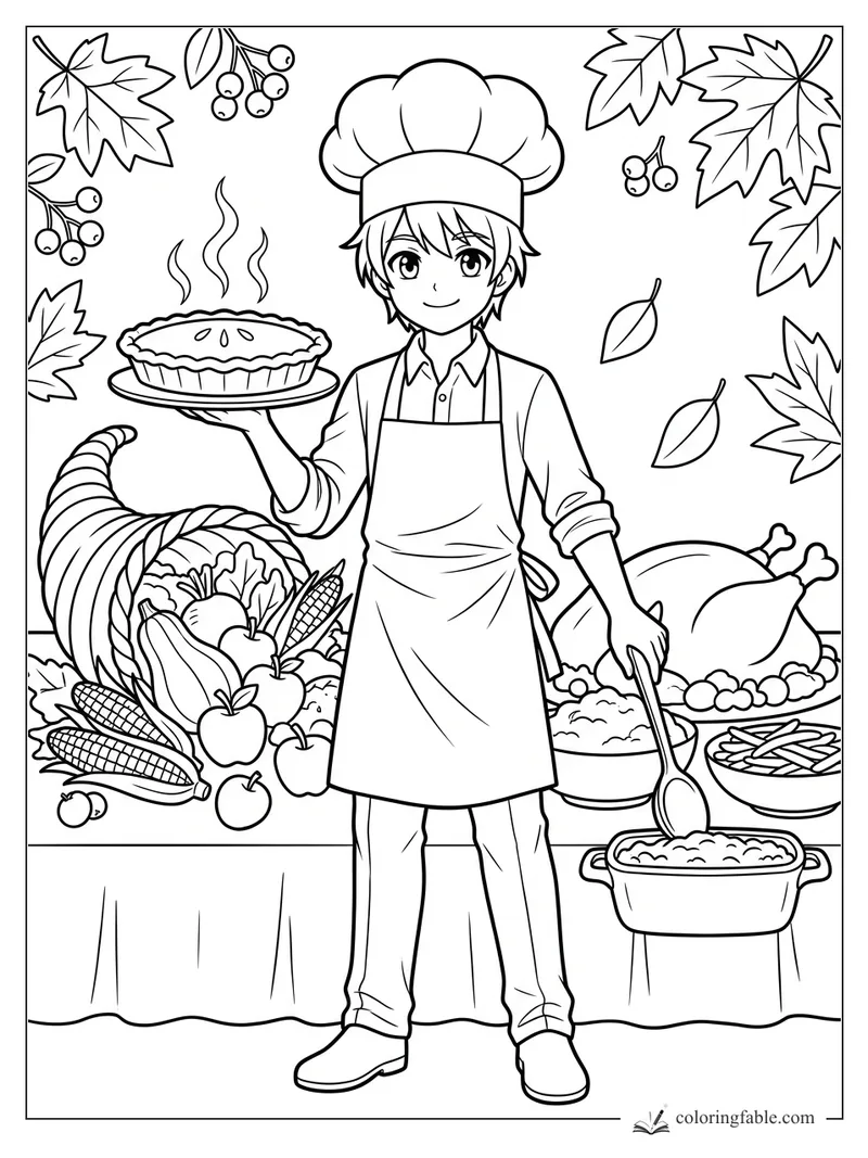 Anime boy chef holding a steaming pie at a harvest table with corn, apples, turkey, leaves, and berries