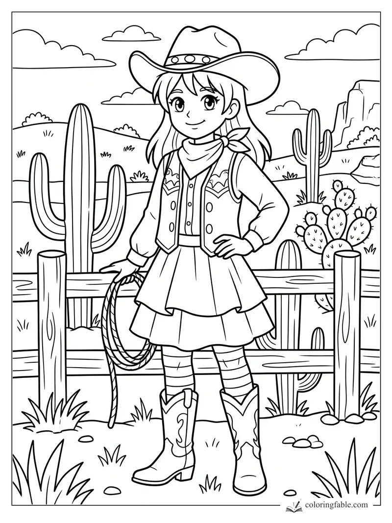 Anime cowgirl holding a lasso by a wooden fence, with cacti, clouds, mesas, and western boots.