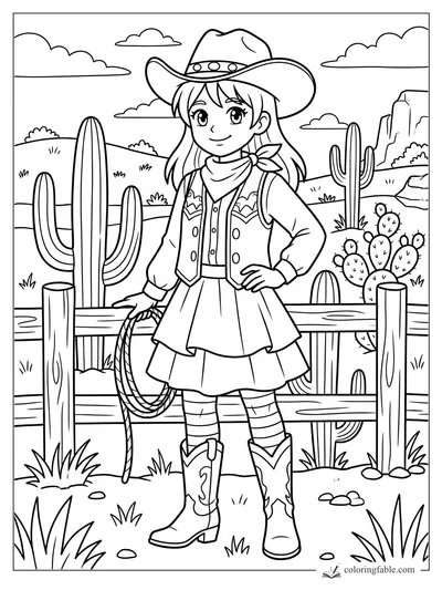 Anime cowgirl holding a lasso by a wooden fence, with cacti, clouds, mesas, and western boots.