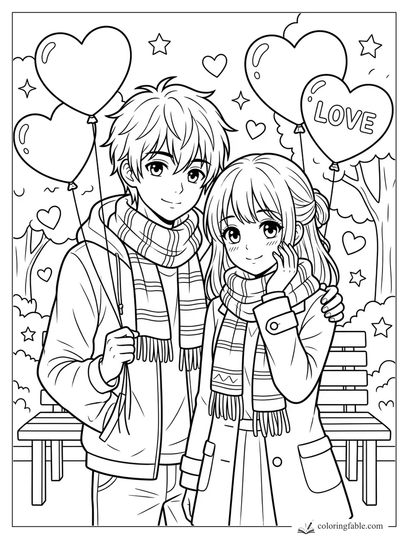 Anime boy and girl in scarves holding heart balloons by park benches and trees