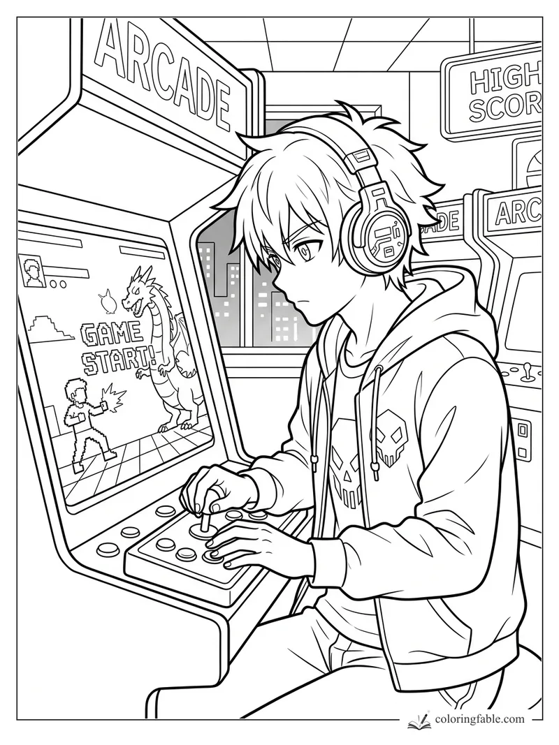 Anime boy in headphones plays an arcade game with a pixel dragon on the screen.