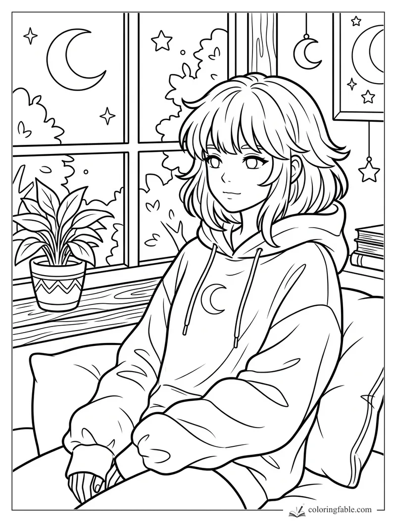 Anime girl in a moon hoodie sitting by a window with plants, pillows, stars, and crescent moons