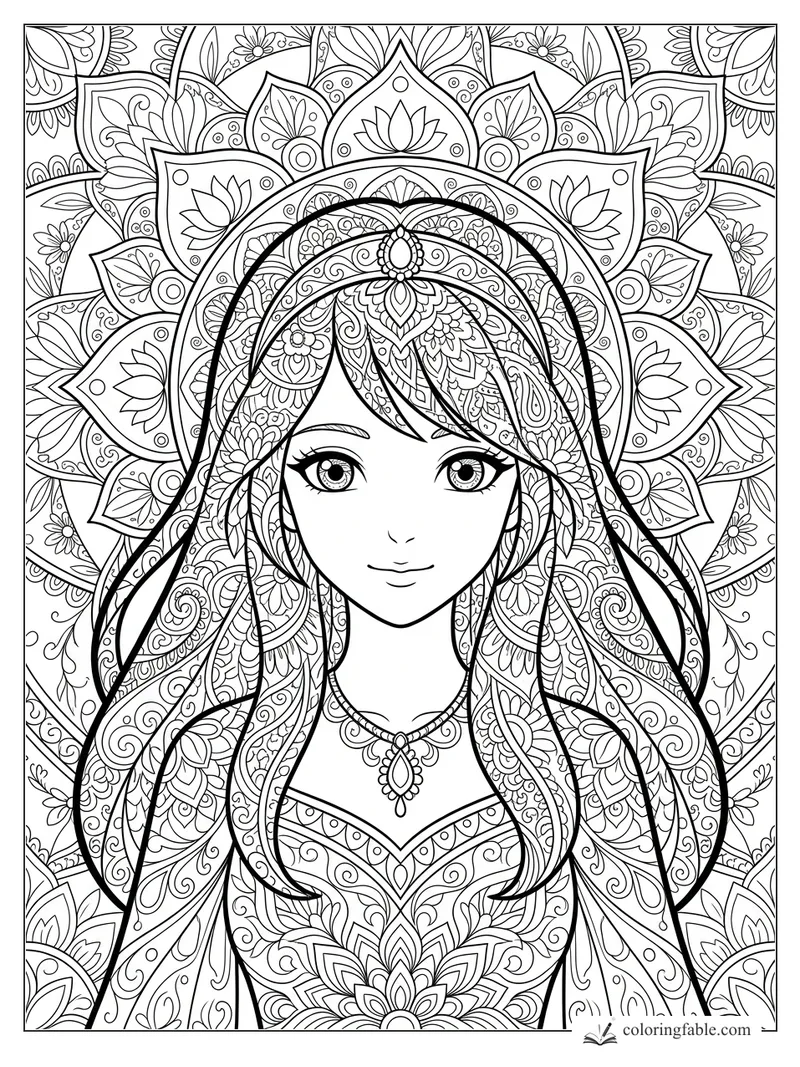 Intricate anime girl portrait with lotus mandala veil, floral hair patterns, jewelry, and calm eyes