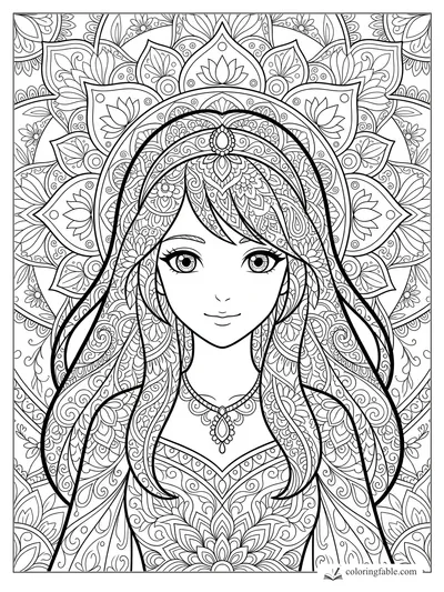 Intricate anime girl portrait with lotus mandala veil, floral hair patterns, jewelry, and calm eyes