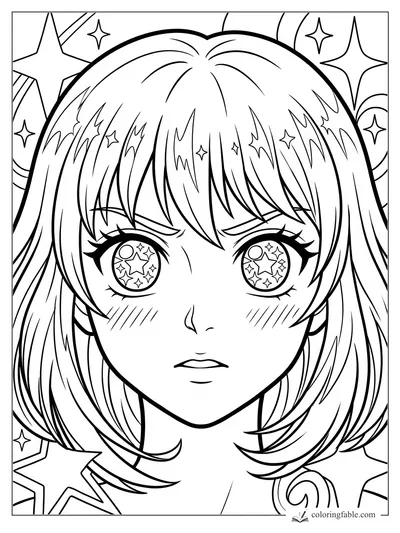 Manga-style girl with twin ponytails, star-filled eyes, blush marks, and sparkles around her hair