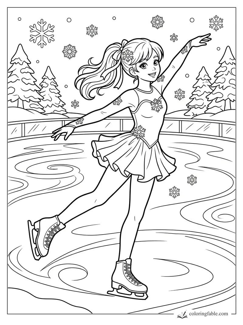 Anime girl figure skating on an outdoor rink with snowflakes, pine trees, and swirling ice marks.