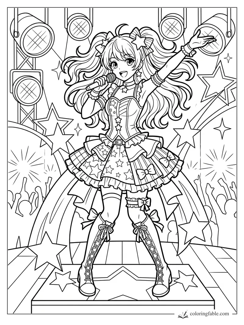 Anime idol singer with twin ponytails, microphone, star dress, spotlights, rainbow arches, and cheering crowd
