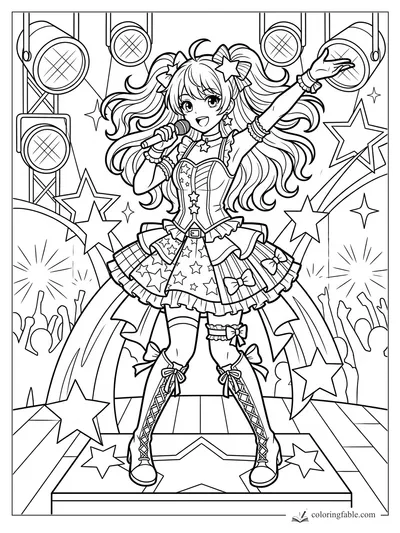 Anime idol singer with twin ponytails, microphone, star dress, spotlights, rainbow arches, and cheering crowd