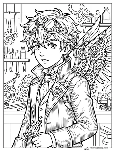 Intricate anime inventor with goggles, tools, gears, bottles, and mechanical wings in a steampunk workshop.