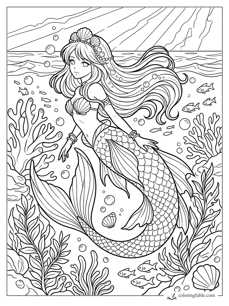 Anime mermaid with long flowing hair, shell crown, coral, bubbles, fish, and sun rays underwater.