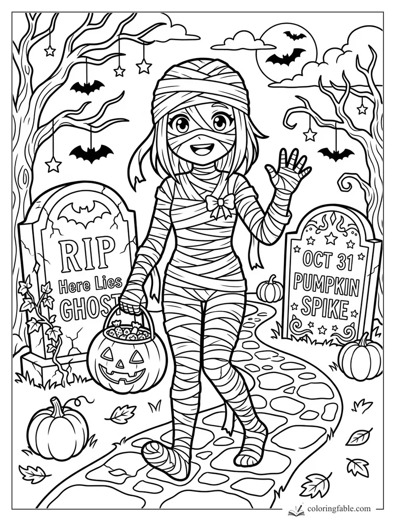 Anime mummy girl waving with pumpkin candy bucket on a Halloween cemetery path