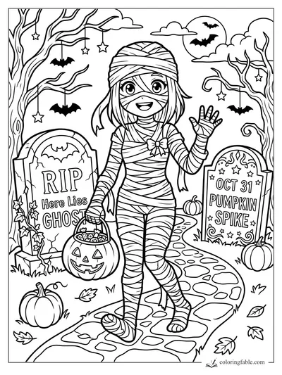Anime mummy girl waving with pumpkin candy bucket on a Halloween cemetery path